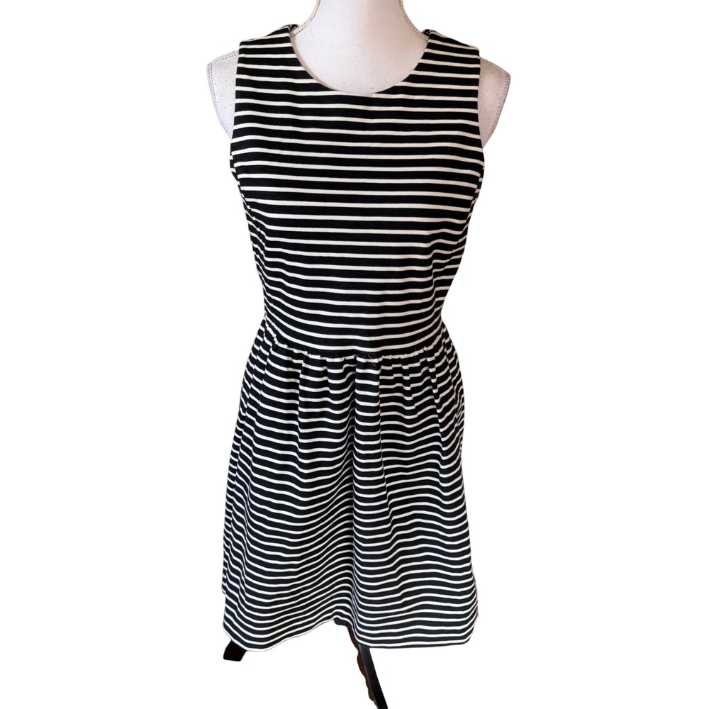J. Crew Black White Striped Pleated Ponte Sleeveless Dress Small Preppy Classic